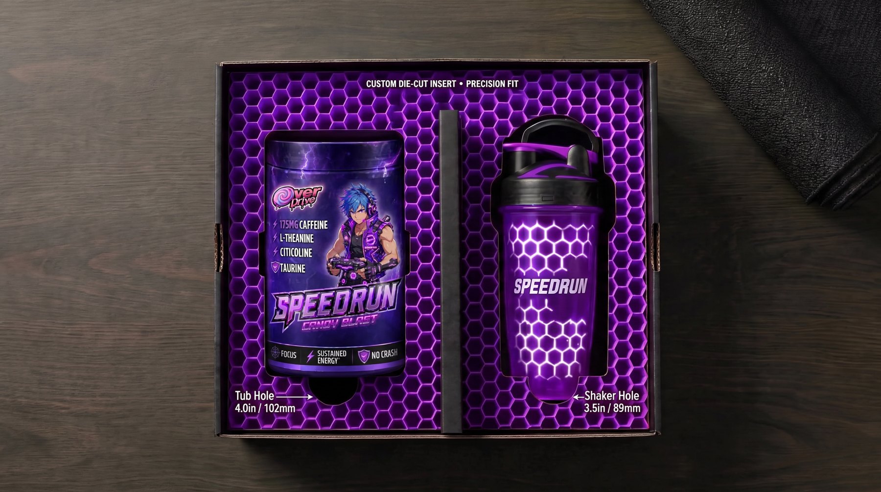 Speedrun tub and purple shaker in a die-cut gift box